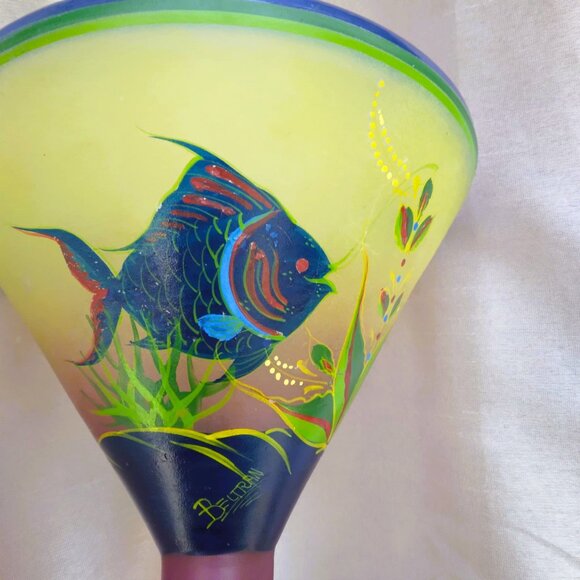 Tropical Vintage Blown Glass Martini Vase with Hand Painted Angel Fish Seascape - Picture 4 of 13
